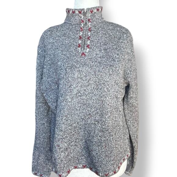 Vintage Woolrich Gray Red Half Zip Nordic Heart Trim Wool Sweater Warm Cozy - Picture 2 of 11